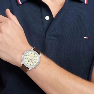 Tommy Hilfiger Troy Multifunction Beige Dial Brown Leather Watch For Men 1792102